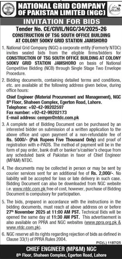 National Grid Company of Pakistan Limited Lahore Tender Notice